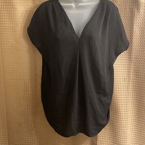 INC International Concepts Pleated  Vneck Short Sleeved Black Mixed Media Blouse